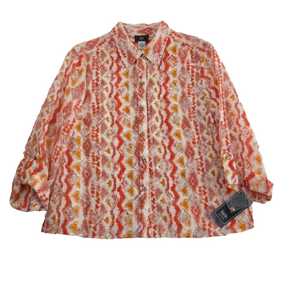 Lark Lane Shirt Womens Sz 12 Sheer 3/4 Tab NWT Sleeve Button Orange White NEW